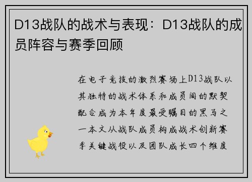 D13战队的战术与表现：D13战队的成员阵容与赛季回顾