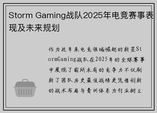 Storm Gaming战队2025年电竞赛事表现及未来规划