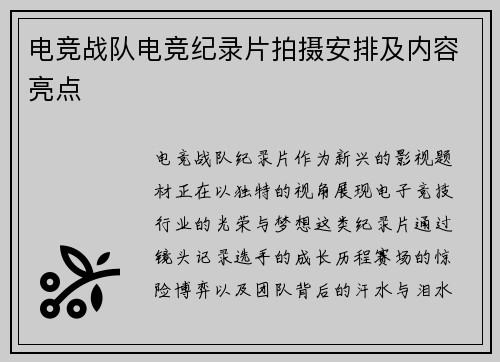 电竞战队电竞纪录片拍摄安排及内容亮点