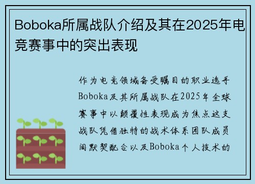 Boboka所属战队介绍及其在2025年电竞赛事中的突出表现